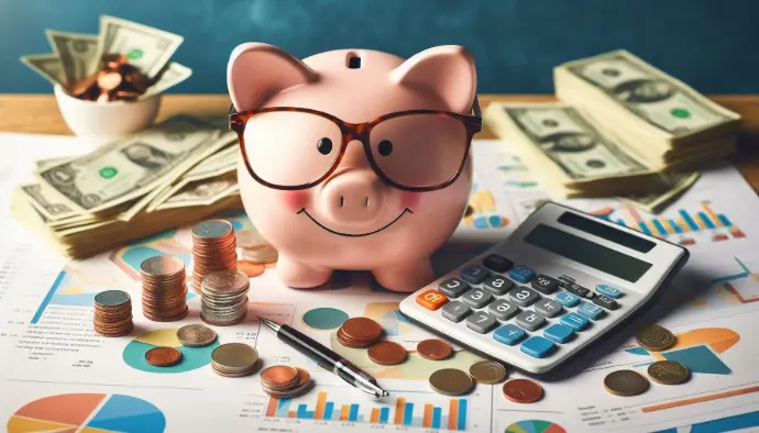 Piggy bank placed beside a calculator, representing smart saving habits and cutting unnecessary expenses without feeling deprived
