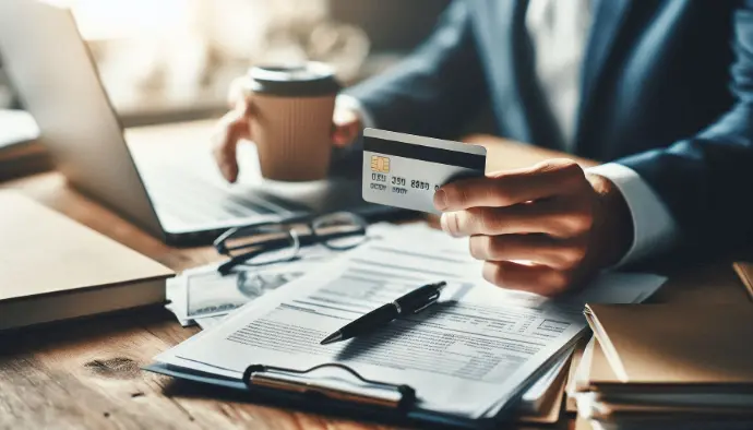A person holding a notepad, credit card, and coffee cup, symbolizing mindful borrowing and financial planning to avoid debt traps and reduce interest costs