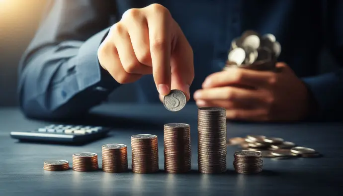 A person placing coins in an upward growth pattern, symbolizing smart investments and growing money over time